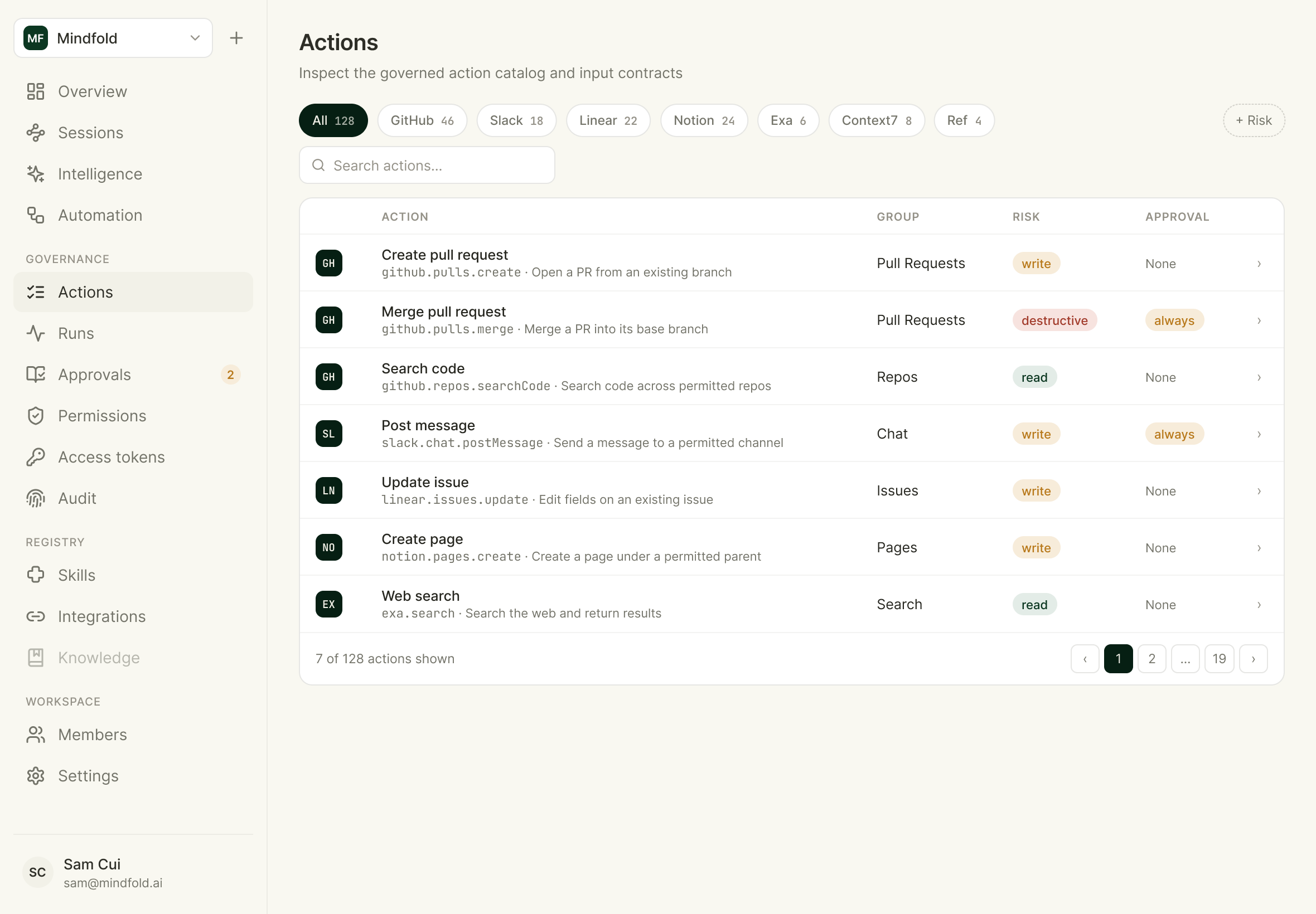 1Connector actions catalog: structured provider actions with governance status