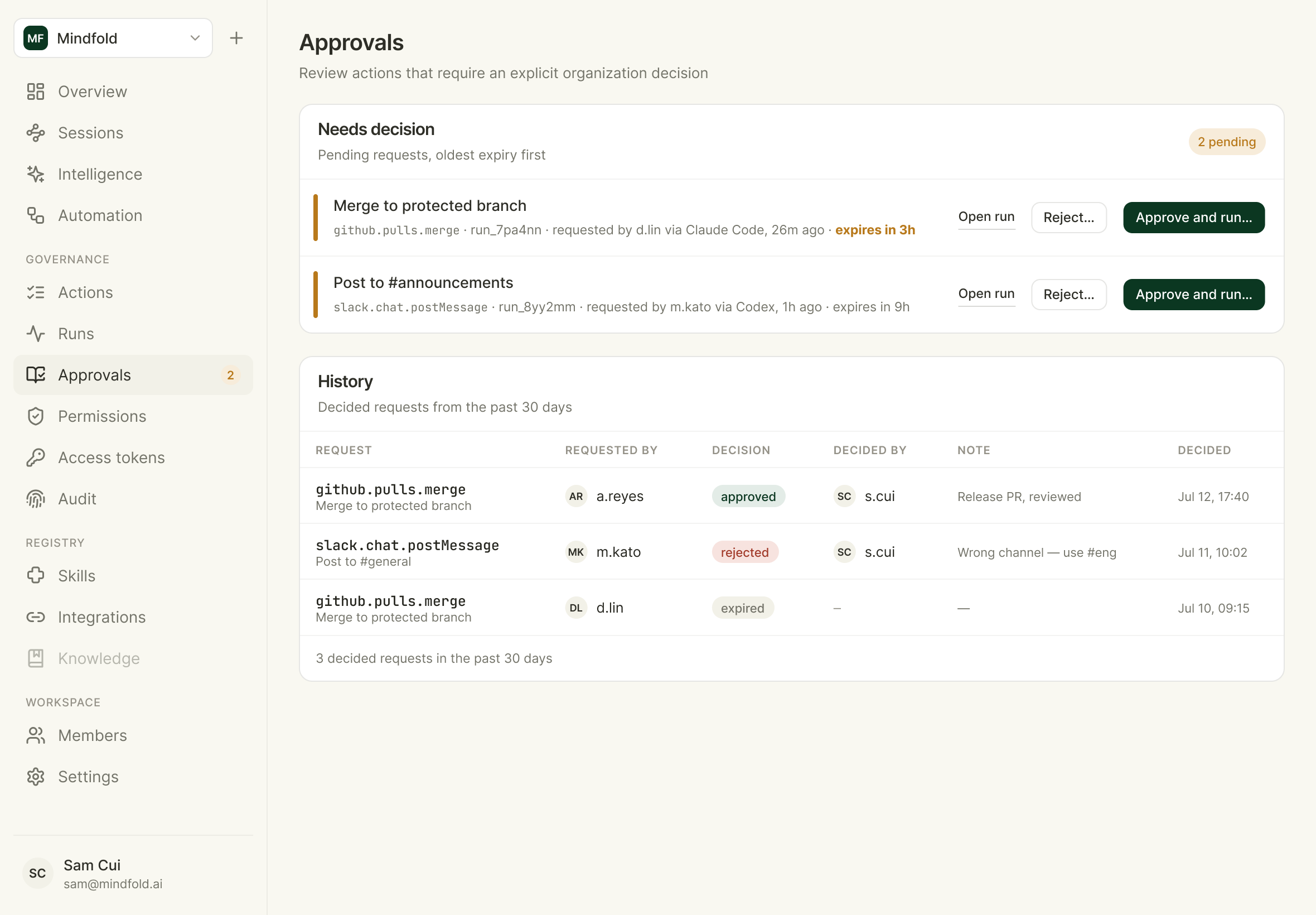 1Connector approvals: sensitive actions pause for review before reaching the provider